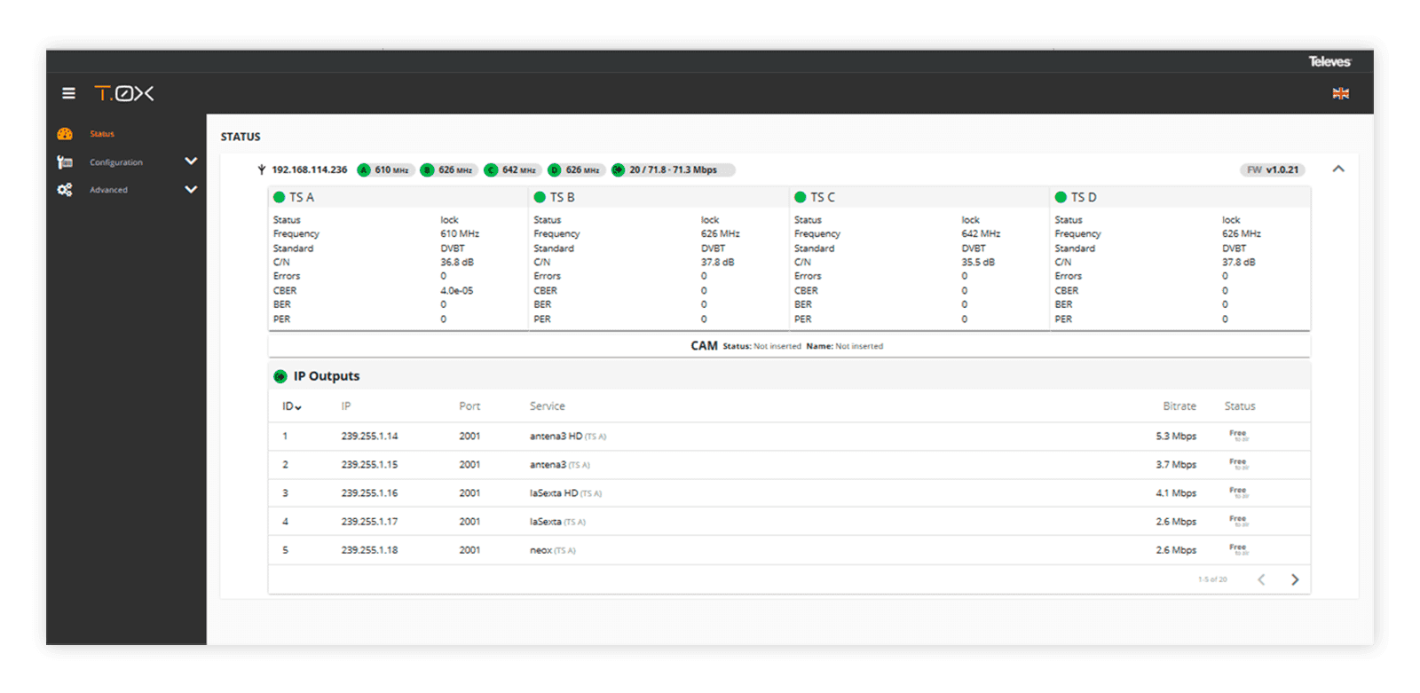 Configuration of a T.0X IP streamers headend