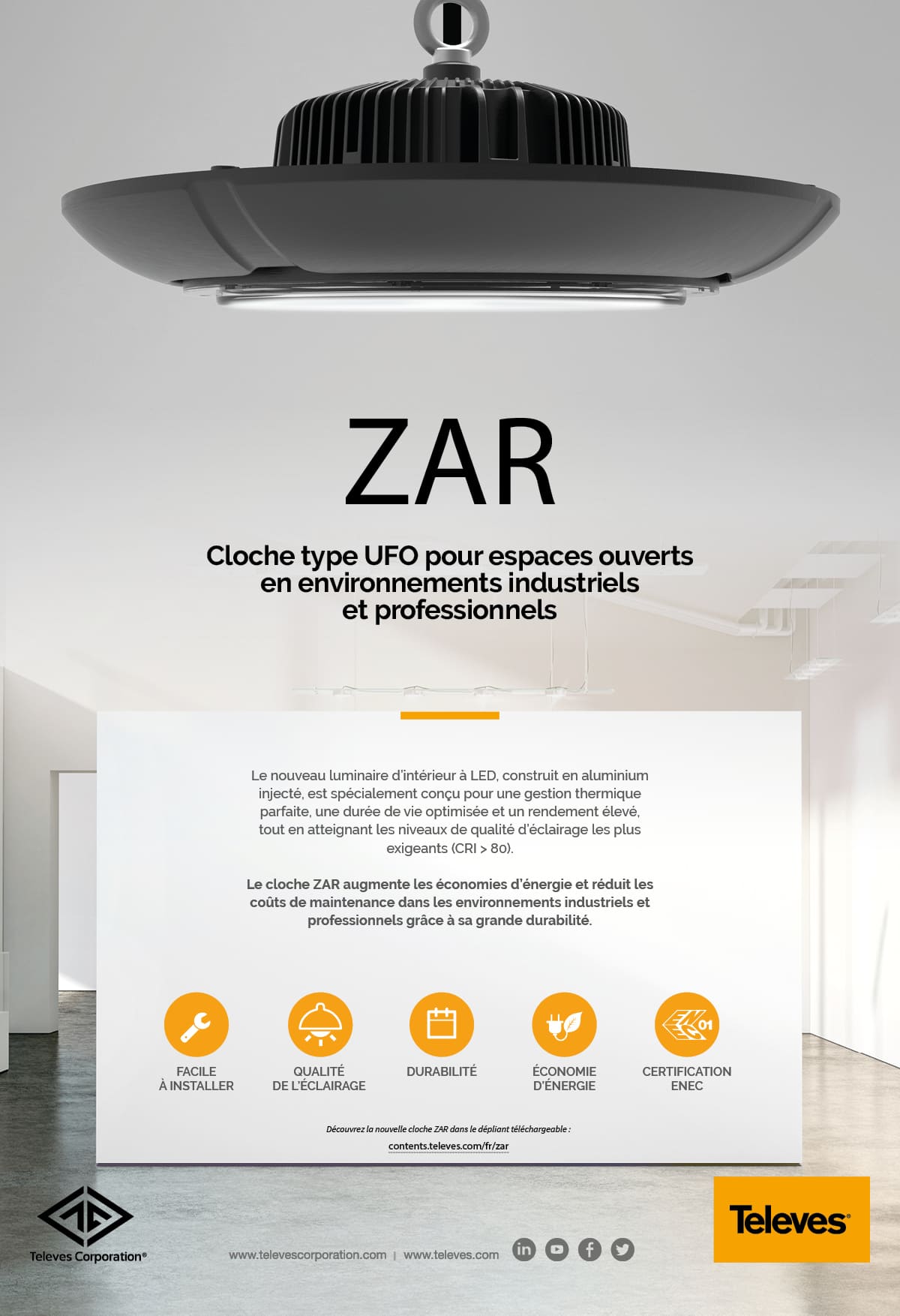 ZAR. Cloche type UFO pour espaces ouverts en environnements industriels et professionnels